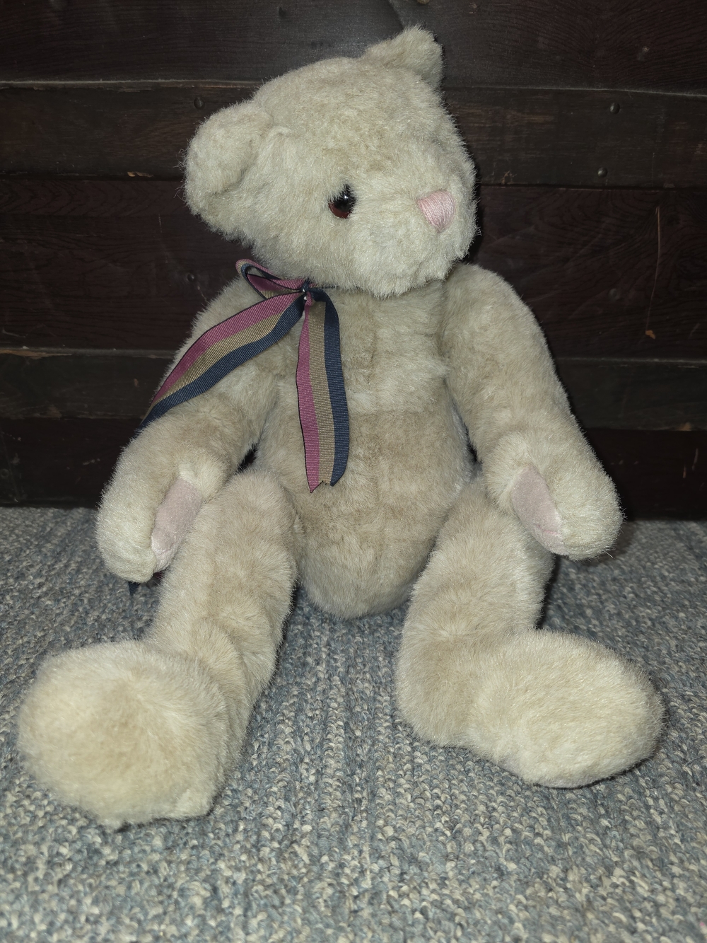 Vintage 1995 Ty Cream Plush Teddy Bear with Pink-Navy Striped Ribbon
